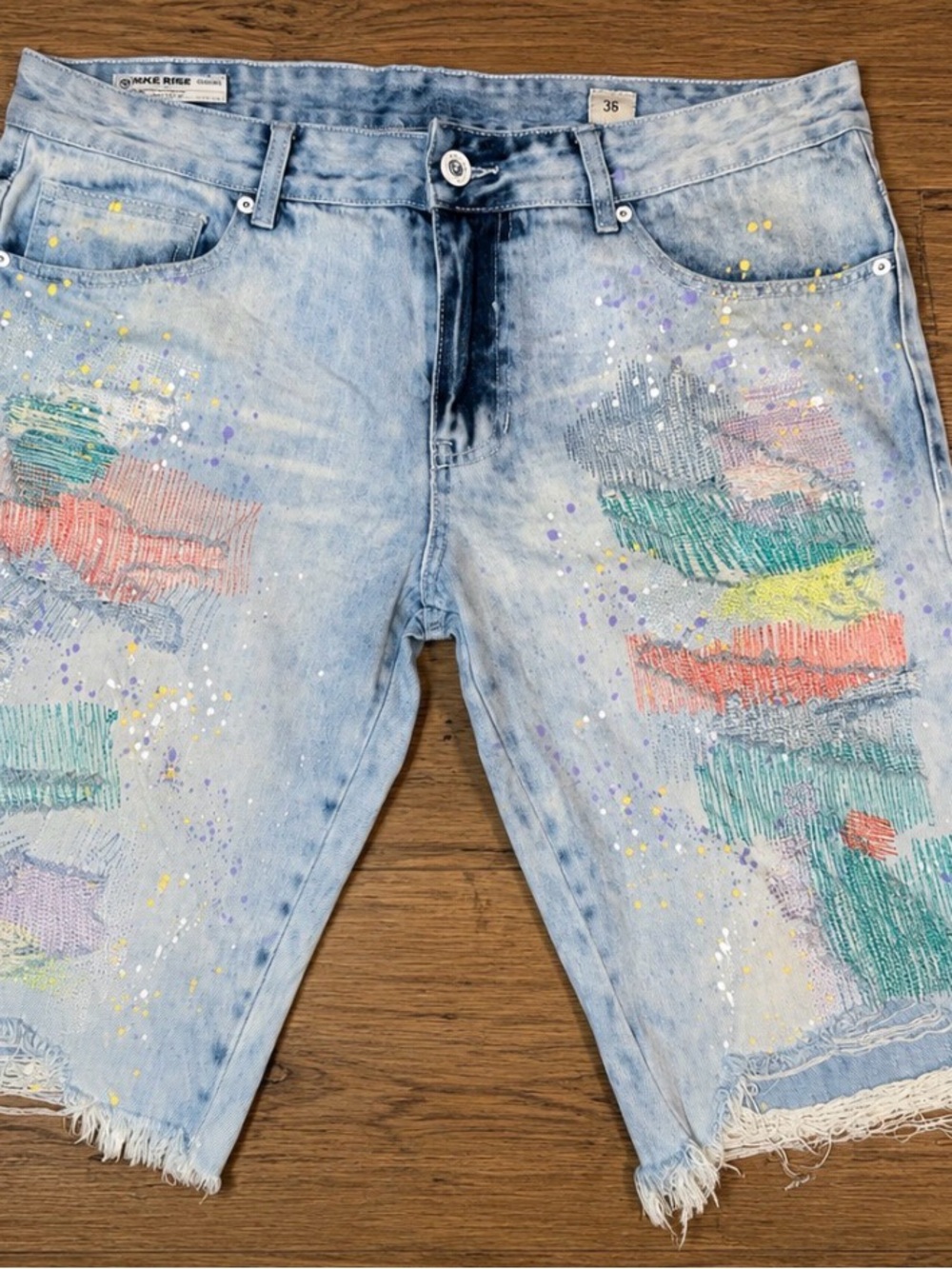Smoke Rise Men’s Distressed Denim Shorts Size 36 Paint Splatter Frayed‎ Raw Hem